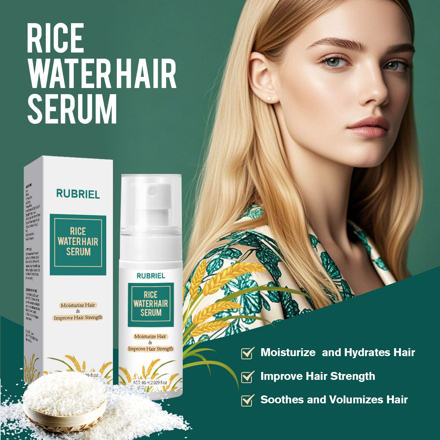 Rice Water Hair Serum Nourishing Strengthening Repairing For Dry Damaged Frizzy Hair Daily Scalp And Strand Care Treatment 60ml