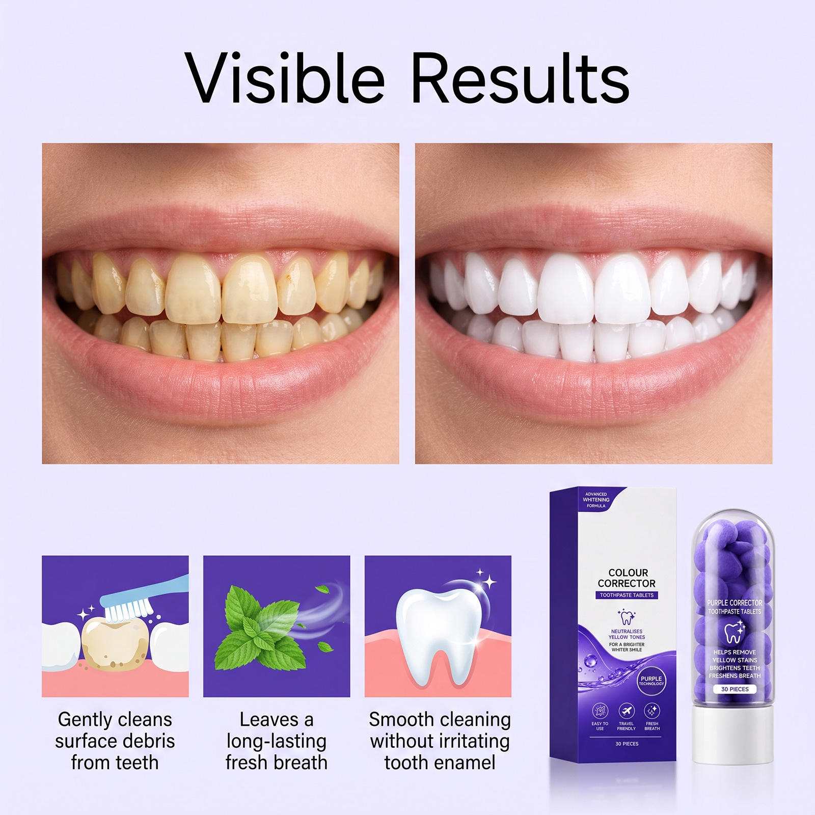 Purple Tooth Tablets Daily Gentle Comfort Care Clean Tooth Surface Long Lasting Fresh Breath Clean Protect Teeth