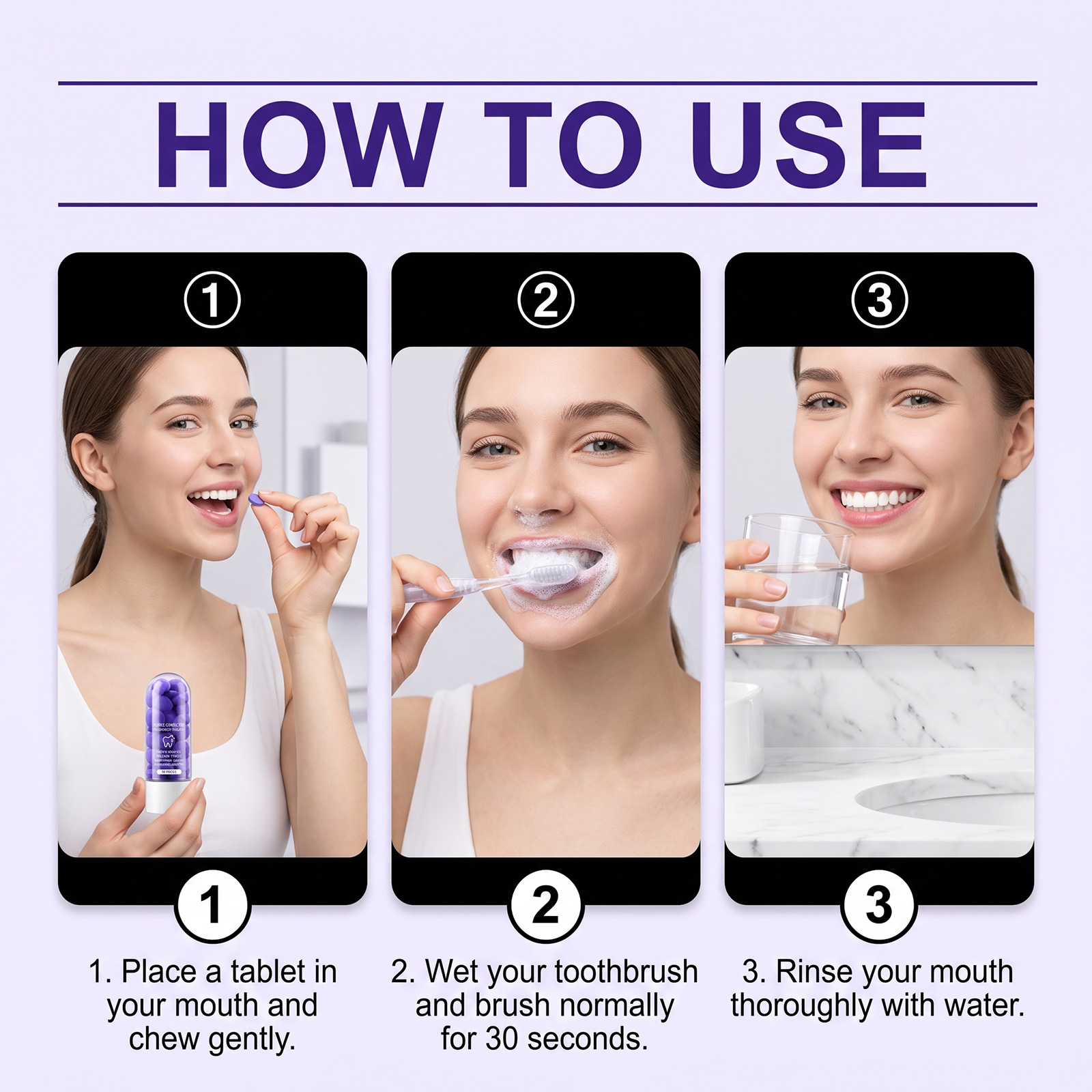 Purple Tooth Tablets Daily Gentle Comfort Care Clean Tooth Surface Long Lasting Fresh Breath Clean Protect Teeth