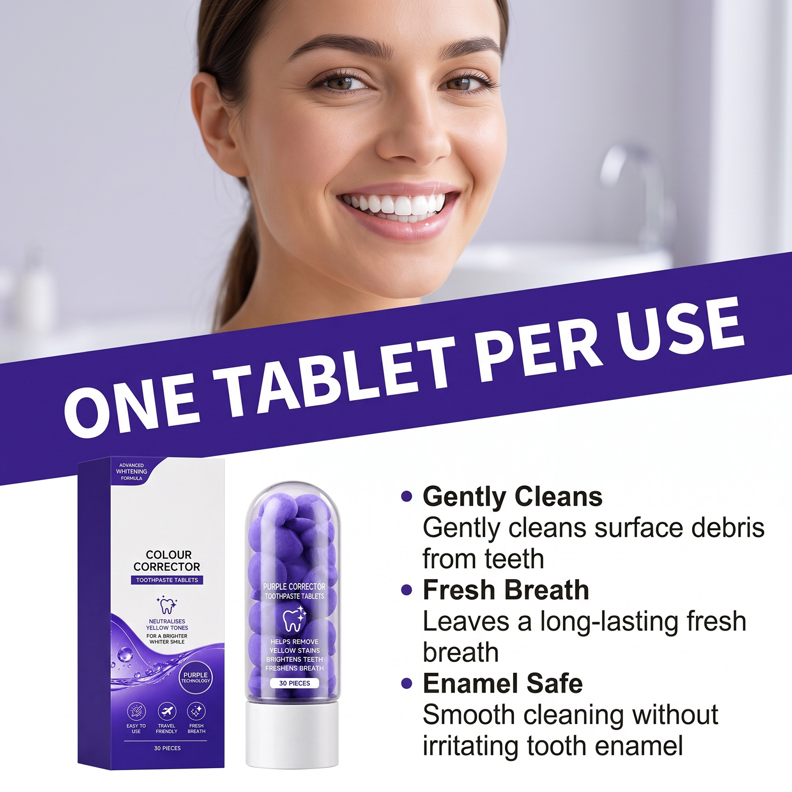 Purple Tooth Tablets Daily Gentle Comfort Care Clean Tooth Surface Long Lasting Fresh Breath Clean Protect Teeth