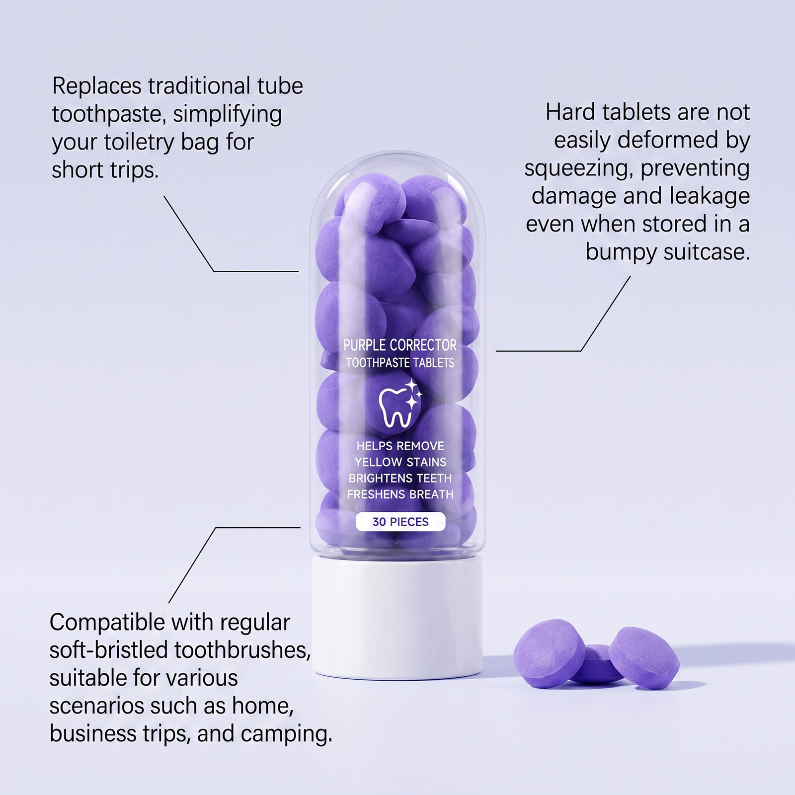 Purple Tooth Tablets Daily Gentle Comfort Care Clean Tooth Surface Long Lasting Fresh Breath Clean Protect Teeth