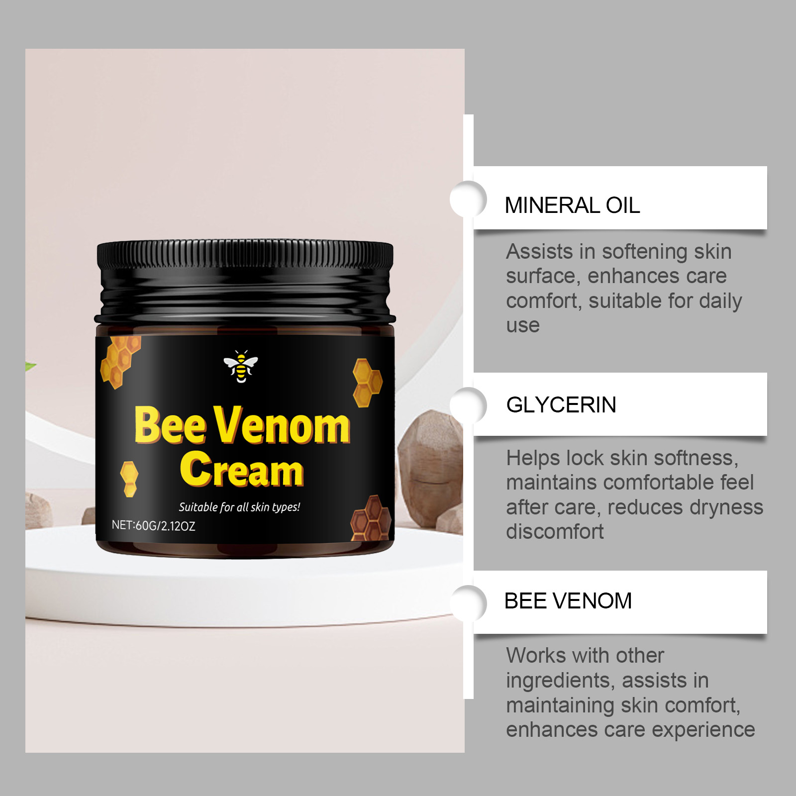 Bee Venom Care Cream Moist Gentle Hydrate Smooth Moisturize Easy Smear Body Skin Daily Care Lotion