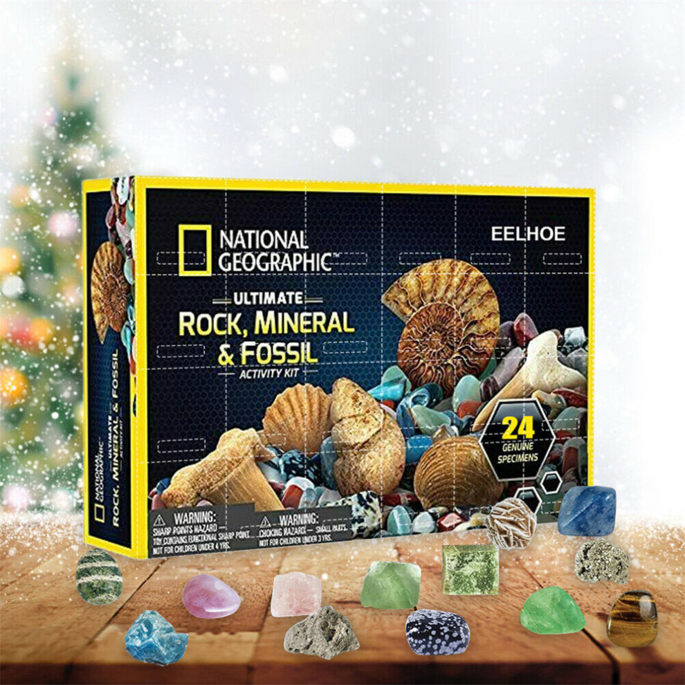 Advent Calendar Stone Rocks Mineral Fossil Kit 2022 Christmas 24 Days Countdown Calendar Geology Enthusiasts Collection Xmas Suprise Gift Box Treasure Ore Guessing Fun Toy Early Childhood Education Toys