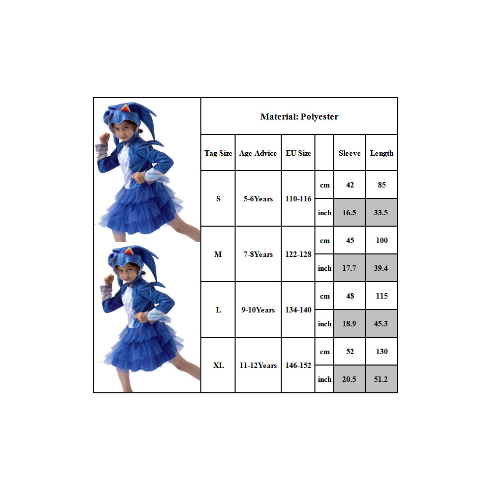 (S) Halloween Girl Sonic The Hedgehog Cosplay Costume Fancy Dress Up Jumpsuit Outfits Kids Cosplay Clothing and Dress Stage Childrens Costume