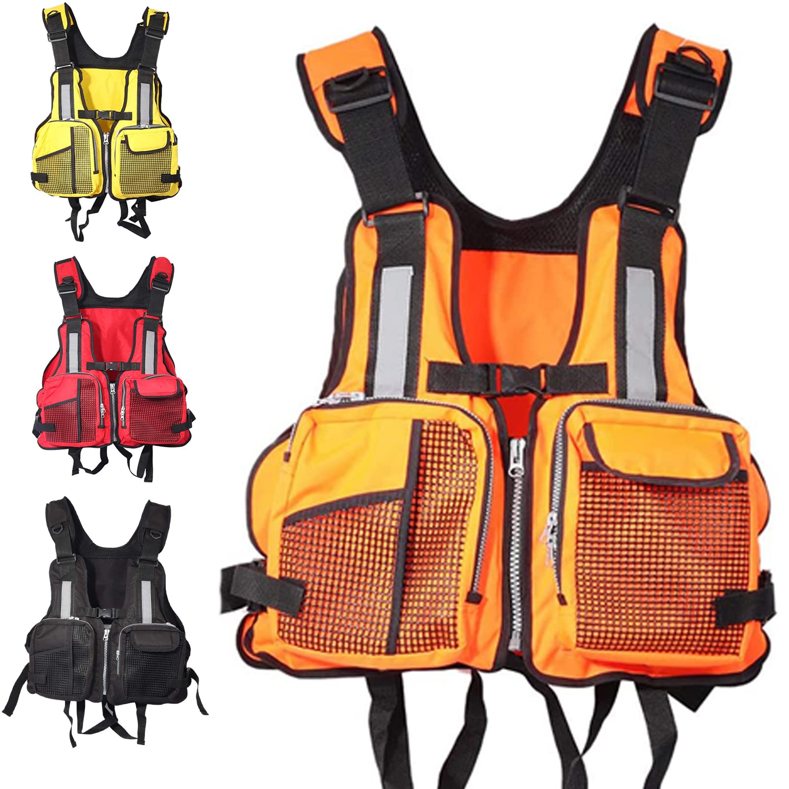 (Yellow) Life Jacket Adults Boat Aid Sailing Kayak Fishing Life Jacket Vest with Multi-Pockets And Reflective Stripe Men Women Outdoor Floating Water Sports Fishing Sailing Surfing Kayaking One Size