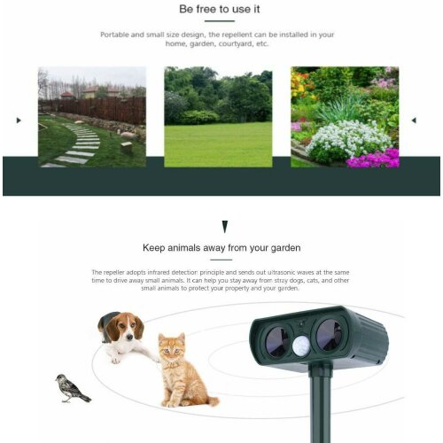 Solar Battery Cat Repeller Scarer Deterrent Ultra Animal Chaser Scarer Ultrasonic Deterrent Waterproof Outdoor Repellent for Cat Rat Bird Raccoon Skunk Squirrel Deer Rabbit