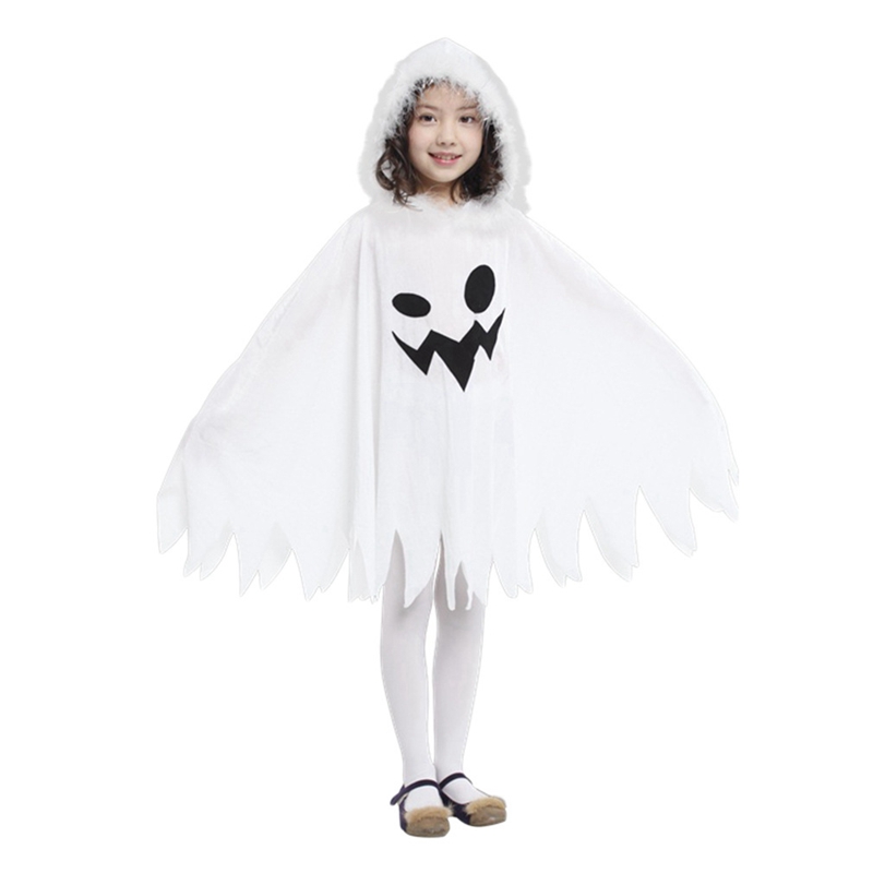 (90cm) Kids White Scary Ghost Face Cloak Costumes Halloween Carnival Fancy Dress Cosplay Role Play Dress Up Frightening Ghost Witch Costume