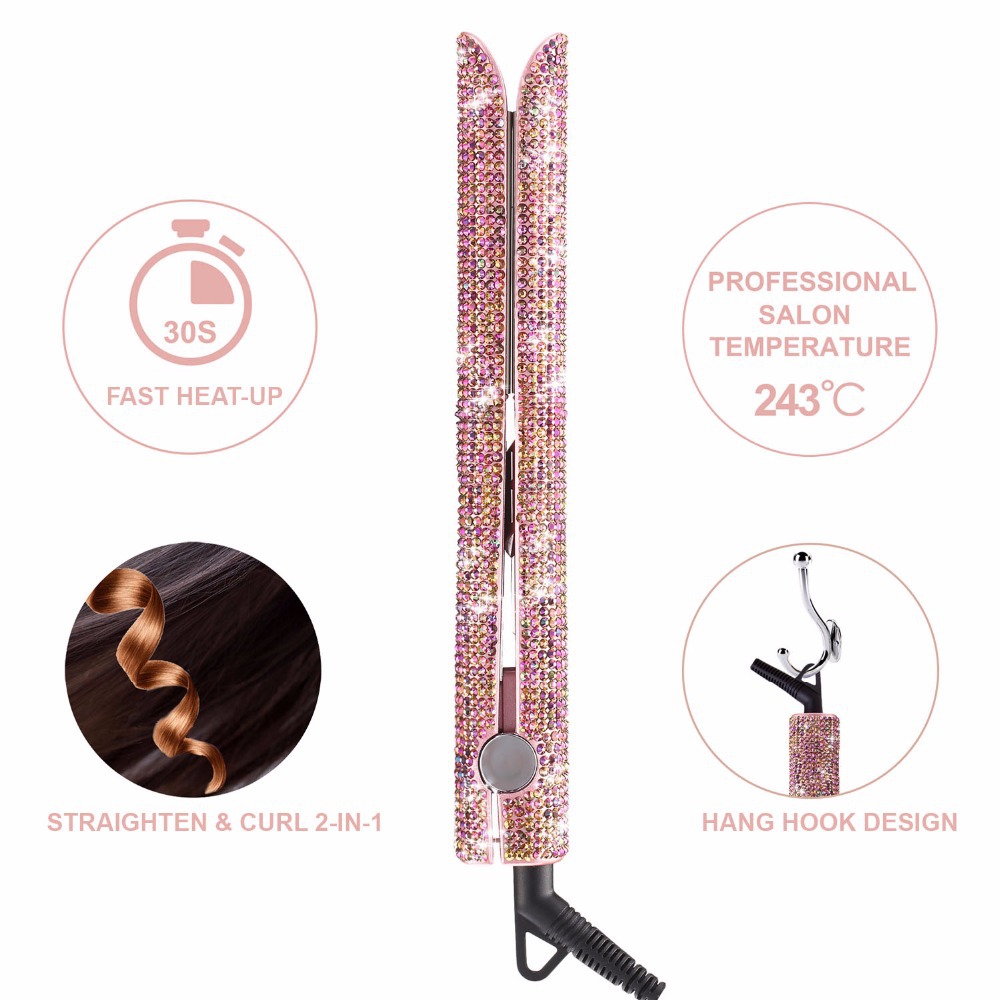 Hair Straightener Hair Curler Professional Titanium Flat Iron Rhinestone Straightening Iron for Women Crystal Diamond LCD Digital Display