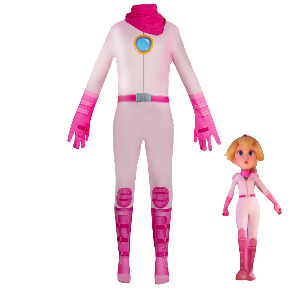 (110cm) Princess Peach Costume for Kids New Super Brothers Princess Peach Cosplay Combat Jumpsuit for Halloween Cosplay