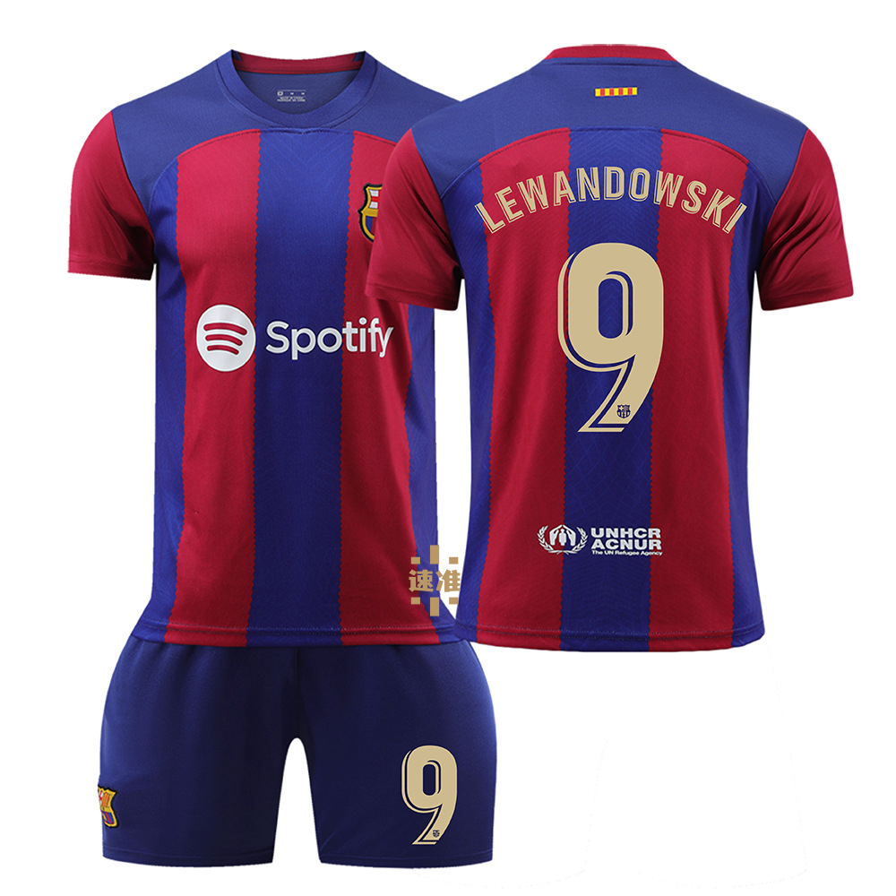 (Kids 16) 23-24 Barcelona Lewandowski No. 9 Jersey Youth Football Kits Children Soccer Sports Training Set