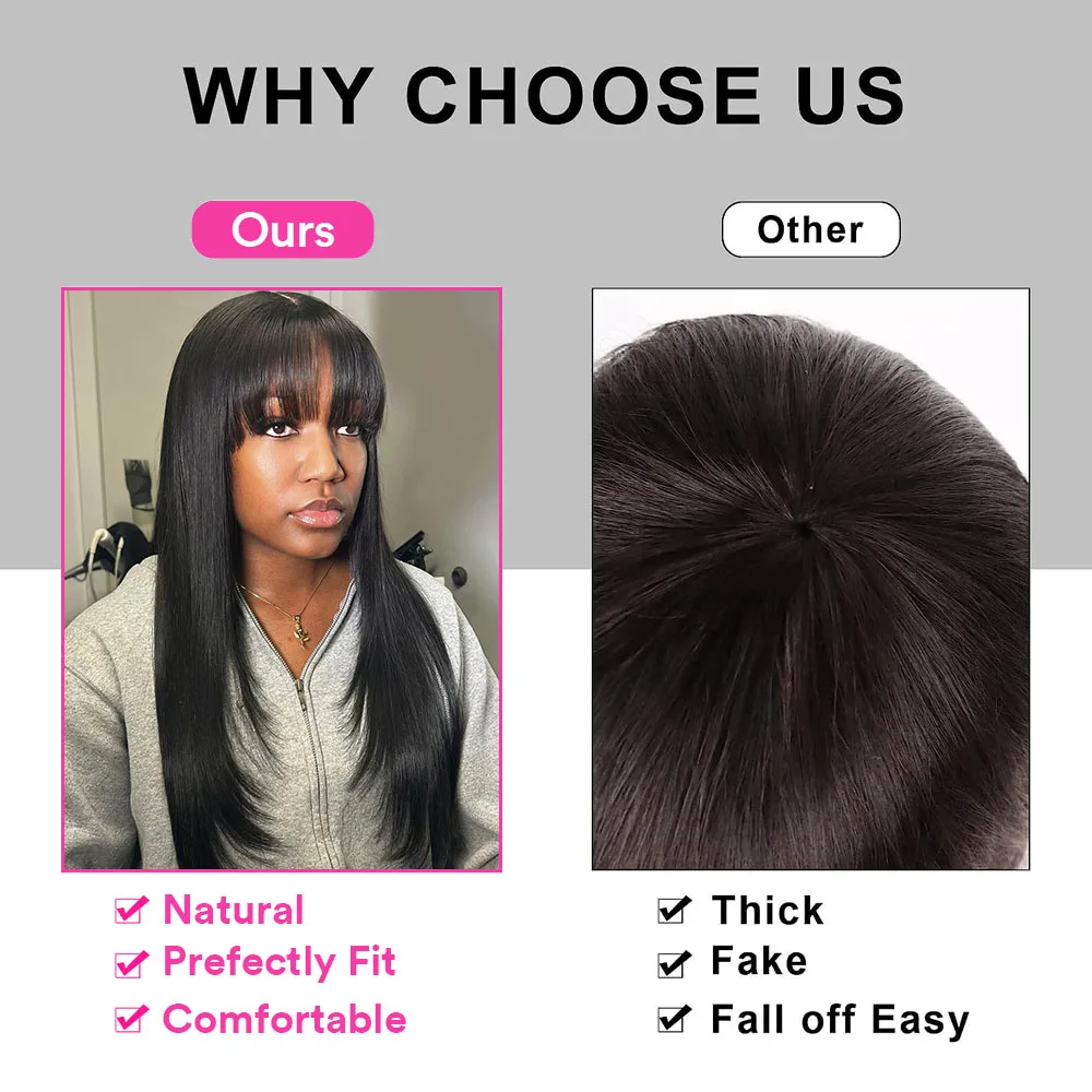 (180 Percent Density 16inches) Straight 3x1 Middle Part Lace Realistic Look Fake Scalp Wig Brazilian Wig Straight Fringe Human Hair With Bangs For Women