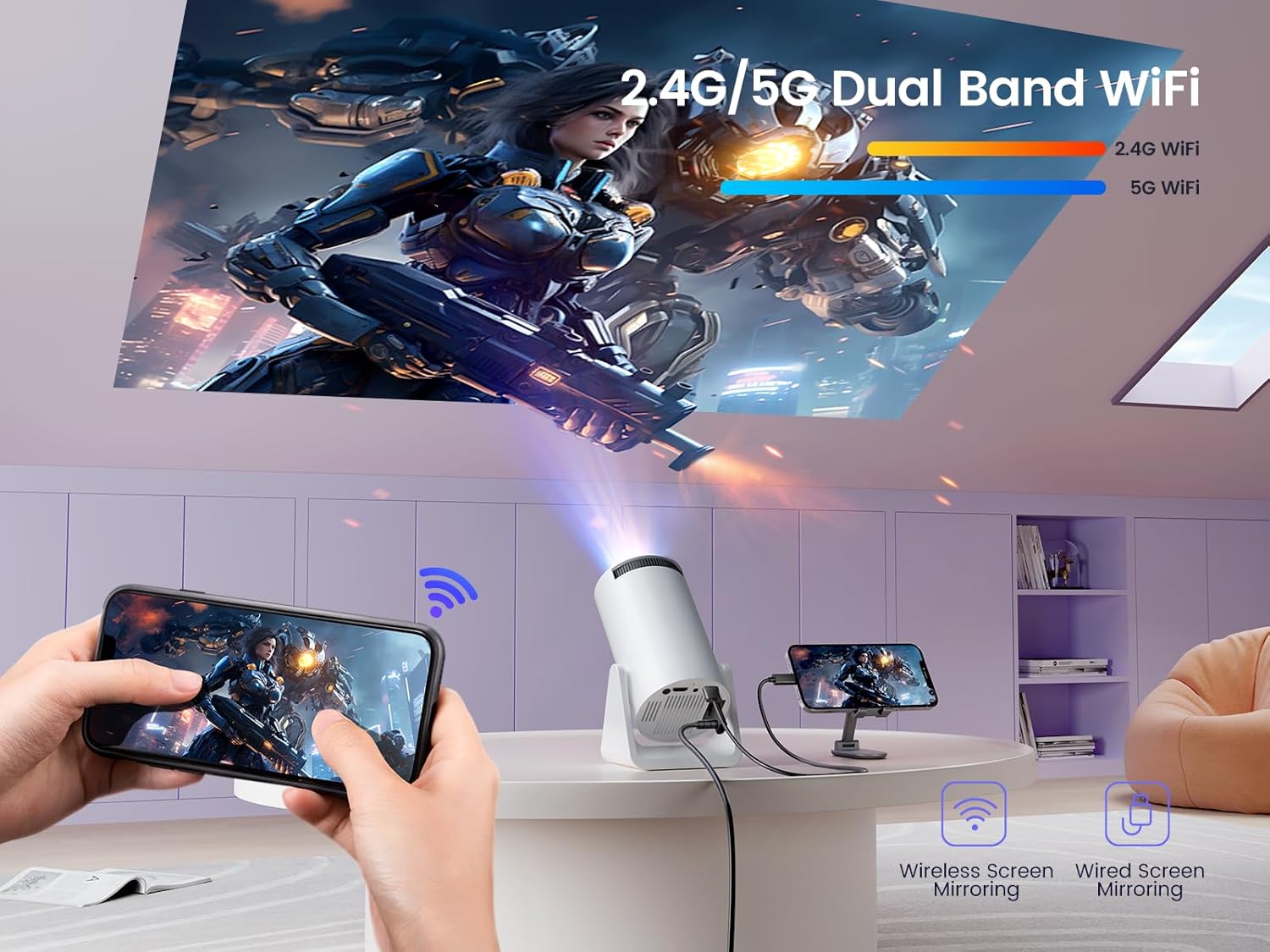 Mini Projector Auto Keystone Short Throw 15000 Lumen WiFi Bluetooth Portable Phone Projector 4K Full HD 1080P Supported  Rotatable Outdoor Home Cinema Video Projector for TV Stick PS5