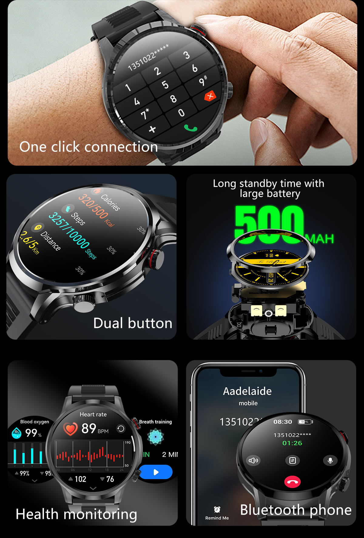 (Black) Smart Watch Men Heart Rate Bluetooth Call Smart Watch Waterproof Sports Fintess Tracker Women Smartwatch