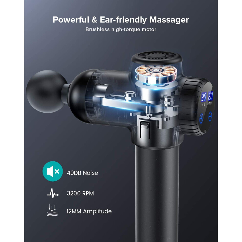 Massage Gun Deep Tissue Powerful 30 Speeds Muscle Massage Gun Quiet Professional Percussion Massager 6 Heads LCD Display Handhe