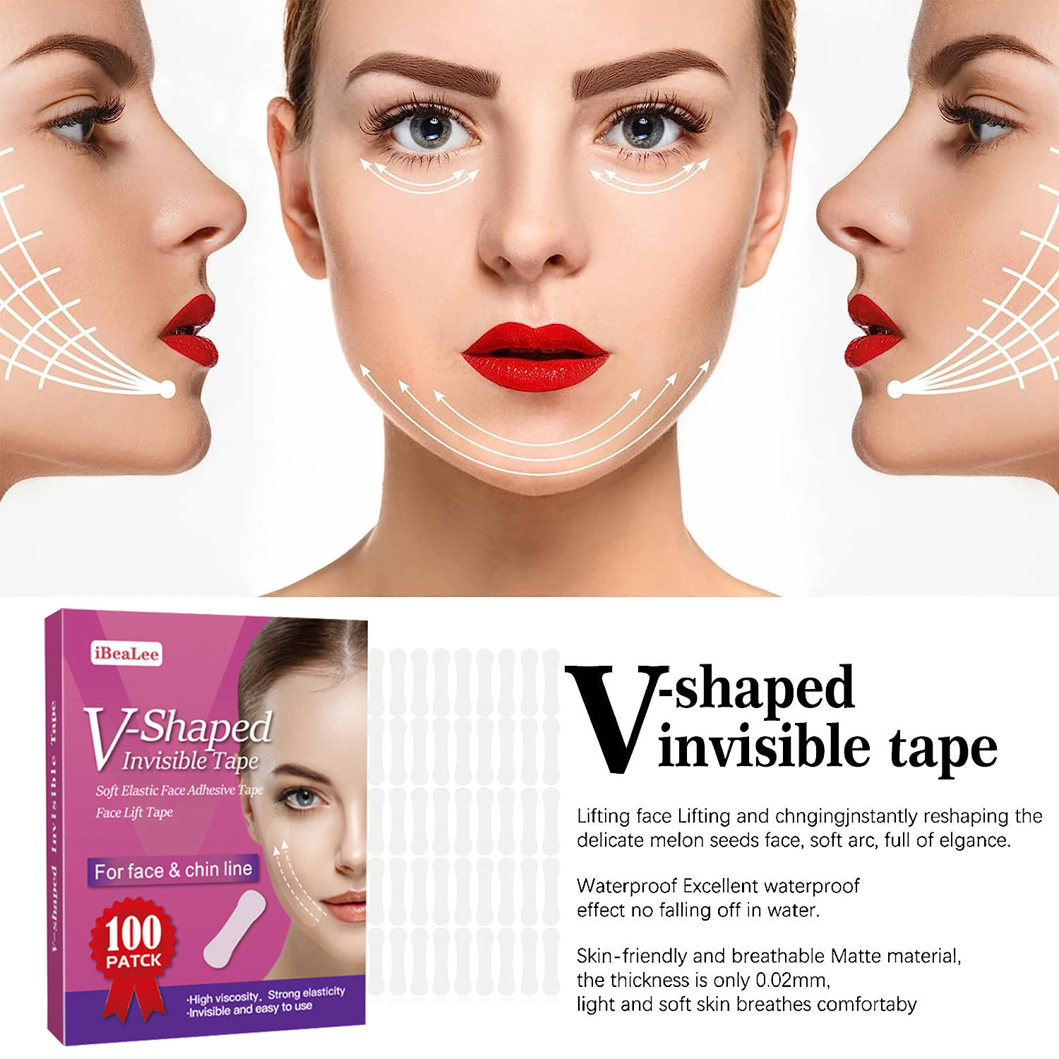 Facelift Tape for Face V-Shape Invisible Tape Facial Lift Sticker Ultra Thin Double Chin Reducer for Neck Jowls Face Sagging Face Lifting
