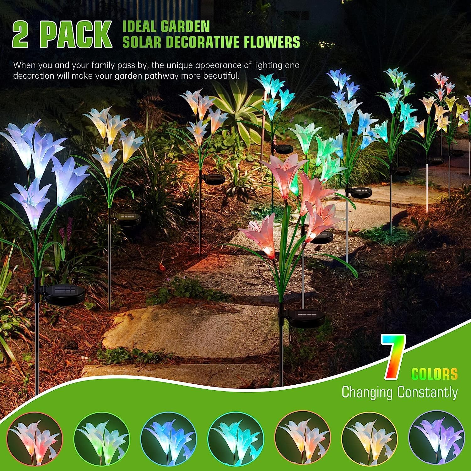 (Lily) Solar Lights Outdoor Garden Lights Solar Powered Colourful Changing Waterproof Garden Ornaments for Yard Patio Pathway Birthday Christmas Decorations