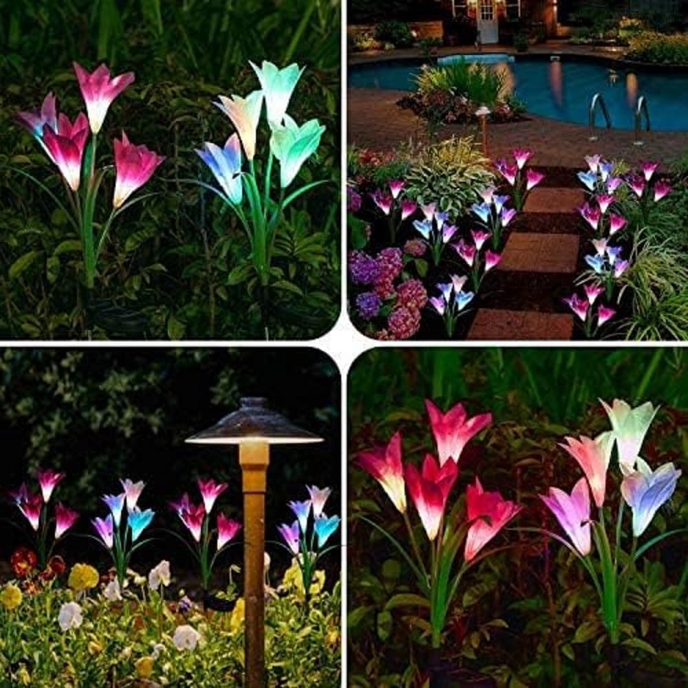 (Lily) Solar Lights Outdoor Garden Lights Solar Powered Colourful Changing Waterproof Garden Ornaments for Yard Patio Pathway Birthday Christmas Decorations