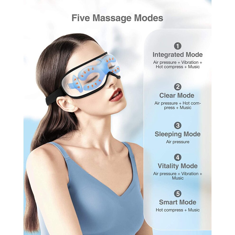 Eye Massager with Heat Vibration Rechargeable Foldable Air Compression Wireless Bluetooth Music for Relax and Reduce Eye Strain Dark Circles Eye Bags Dry Eye Improve Sleep Travel Office Home Car Use