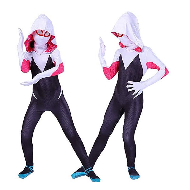 (M) Spiderman Costume Gwen Cosplay 3D Style for Girls Superhero Bodysuit Kids Halloween Carnival Fancy Dress Children Cosplay Jumpsuit