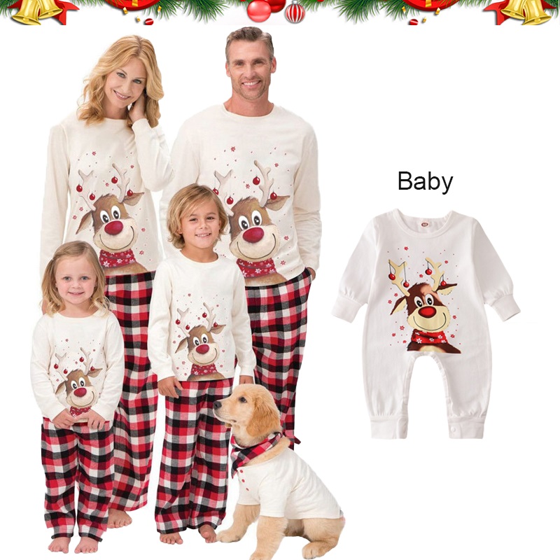 (Baby 3M) Xmas Family Matching Pajamas Set Cute Deer Adult Kid Baby Family Matching Outfits 2023 Christmas Family Pjs Dog Clothes Scarf