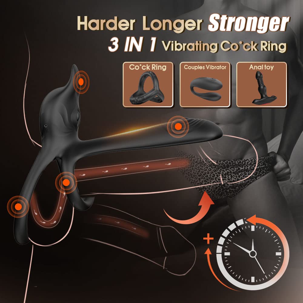 Vibrating Cock Ring 3 in 1 Penis Ring Vibrator G-Spot Clitoral Stimulator Couples Vibrator with 10 Vibration Modes Remote Control Silicone Adult Sex Toy Erection Sexual Games