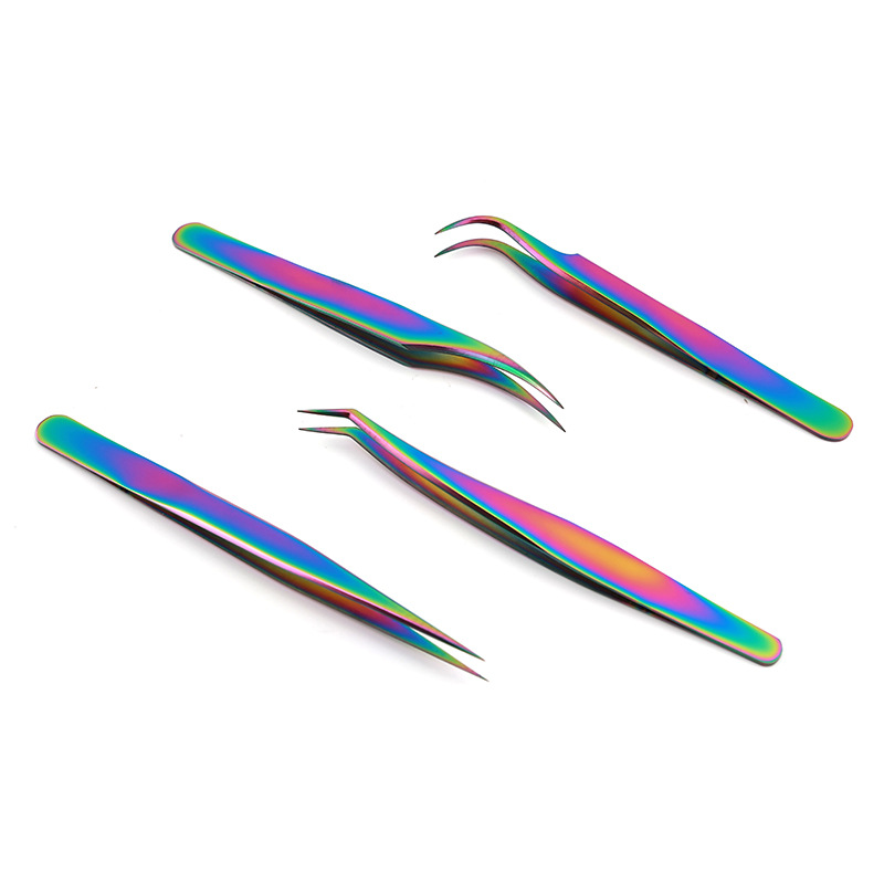Eyelash Tweezers Nail Art Stainless Steel Lashes Extension Clip Applicator Rhinestone EyeLashes Tweezers Multifunction For Nail Beauty DIY Rainbow Color