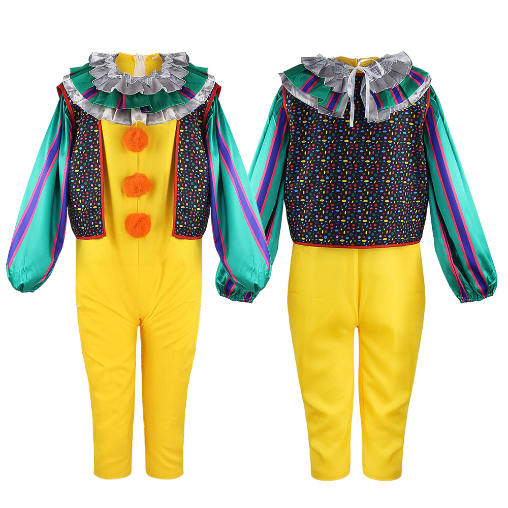 (130cm) Children Classic Horror Clown Costume Halloween Jumpsuit Yellow Female Clown