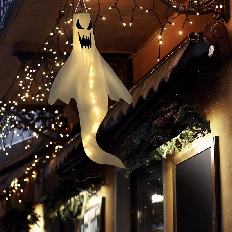 (A) Halloween Ghost Windsock with Warm White LED Lights Halloween Hanging Decorations
