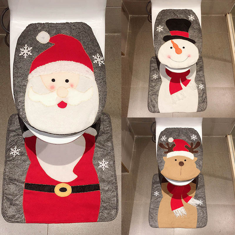 (Santa Claus) 2 Pcs Christmas Toilet Cover Decorations Set Christmas Snowman Reindeer Santa Toilet Seat Cover Set and Rug Red Christmas Bathroom Decorations Xmas Home Indoor