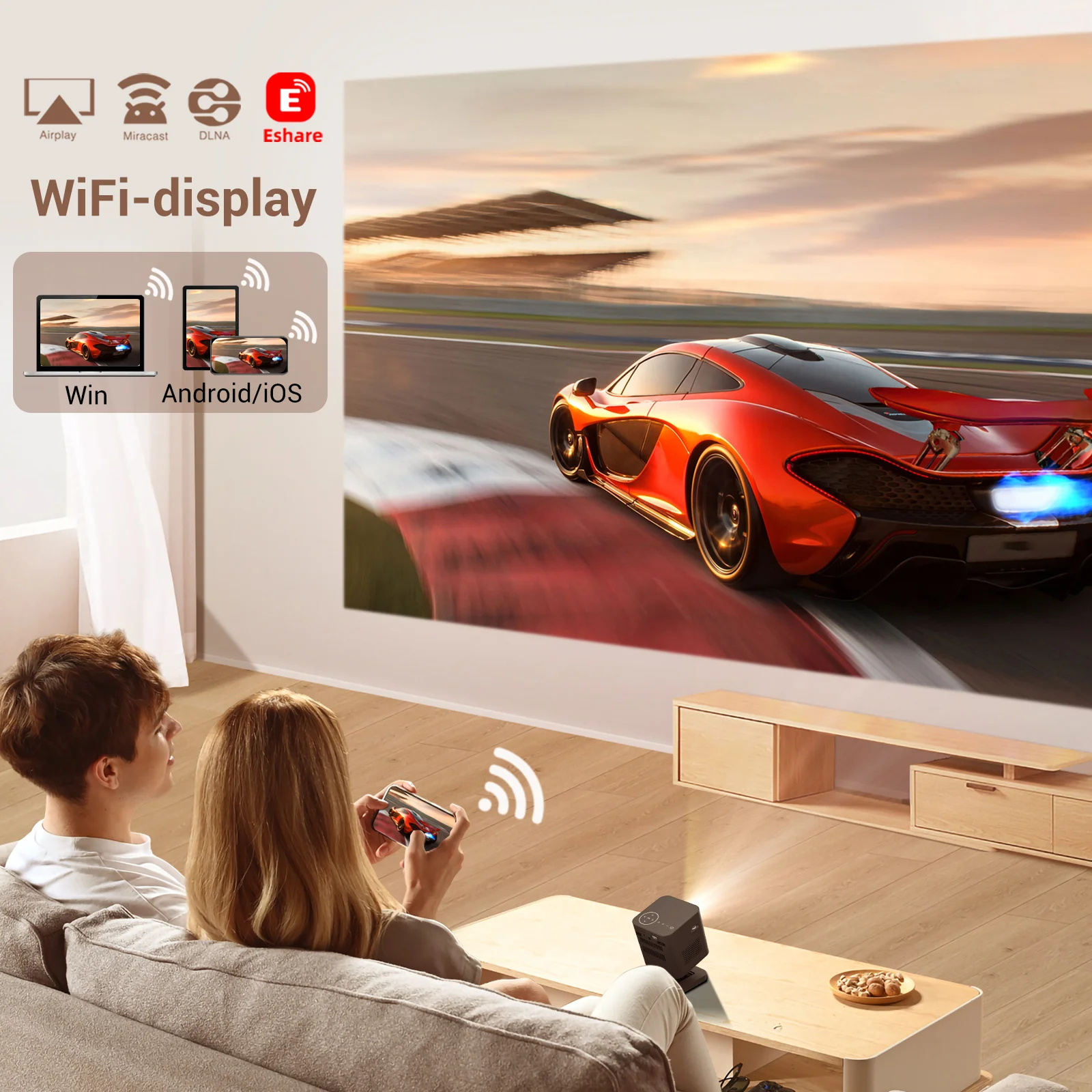 Smart Mini Projector with 90° Adjustable Base Stand 7800mAh Battery Powered Portable 3D 4K Android Projector