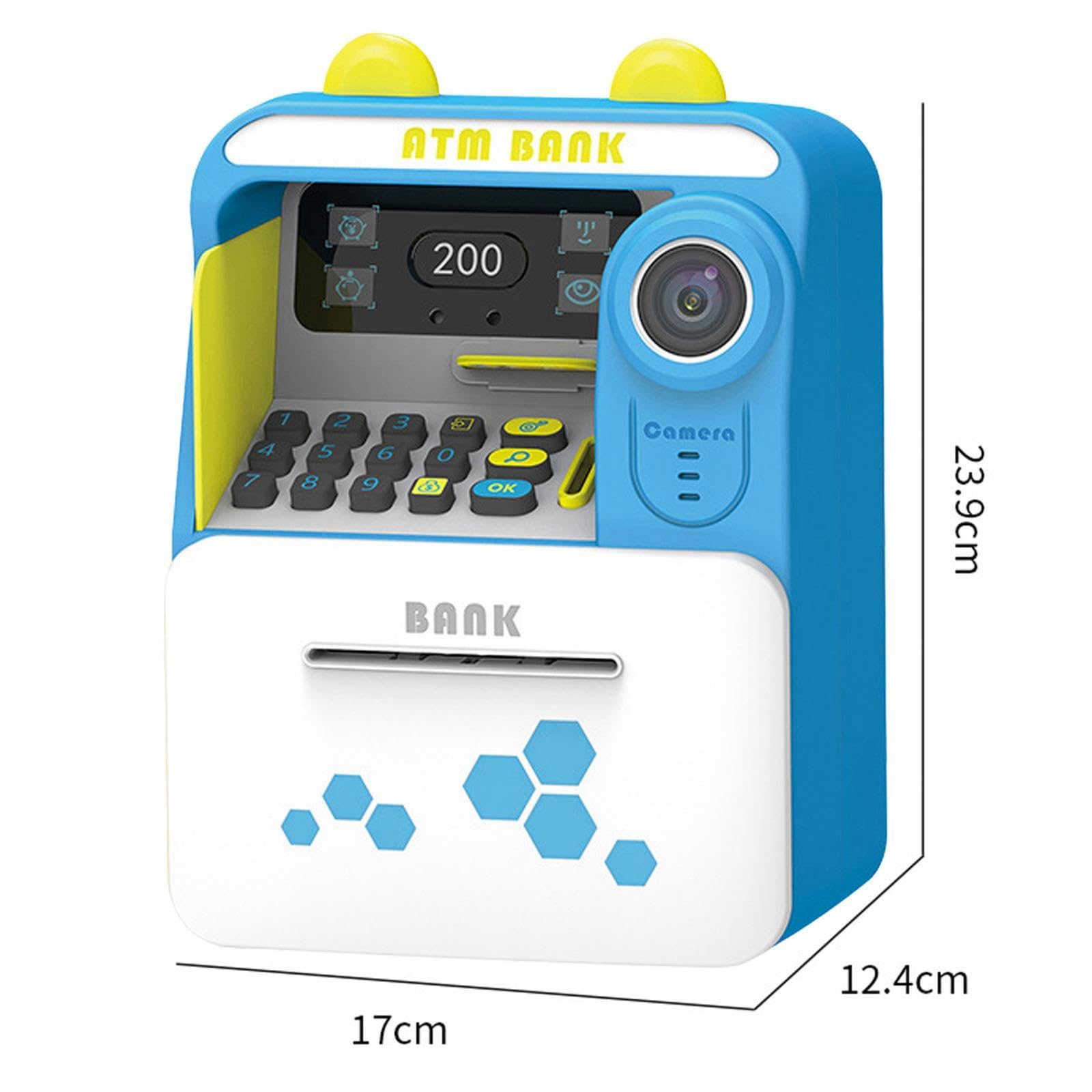 (Blue) Electronic ATM Saving Machine Automatic Scroll ATM for Kids Piggy Bank with Face Recognition Festival
