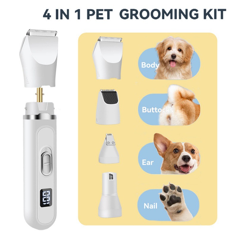 (Pink) 4-in-1 LCD Display Rechargeable Grooming Tool for Dogs and Cats Multi-Functional Pet Hair Clipper