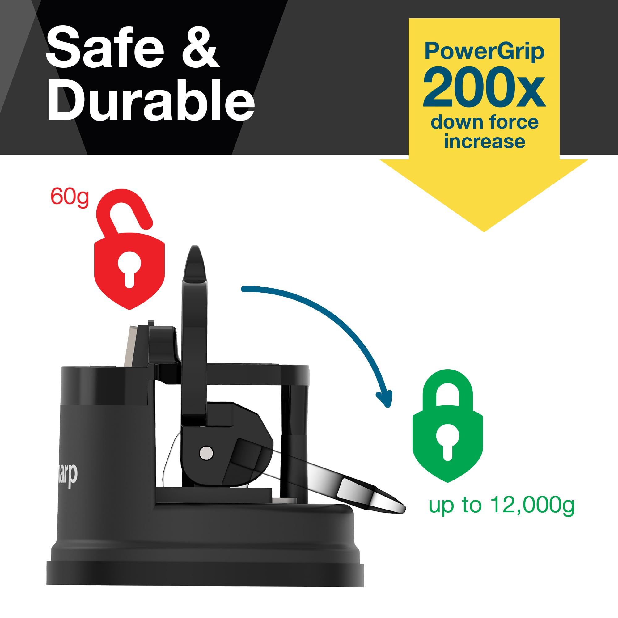 (Black) AnySharp Knife Sharpener, Hands-Free Safety, PowerGrip Suction, Safely Sharpens All Kitchen Knives, Ideal for Hardened Steel & Serrated, Worlds Best, Compact, One Size