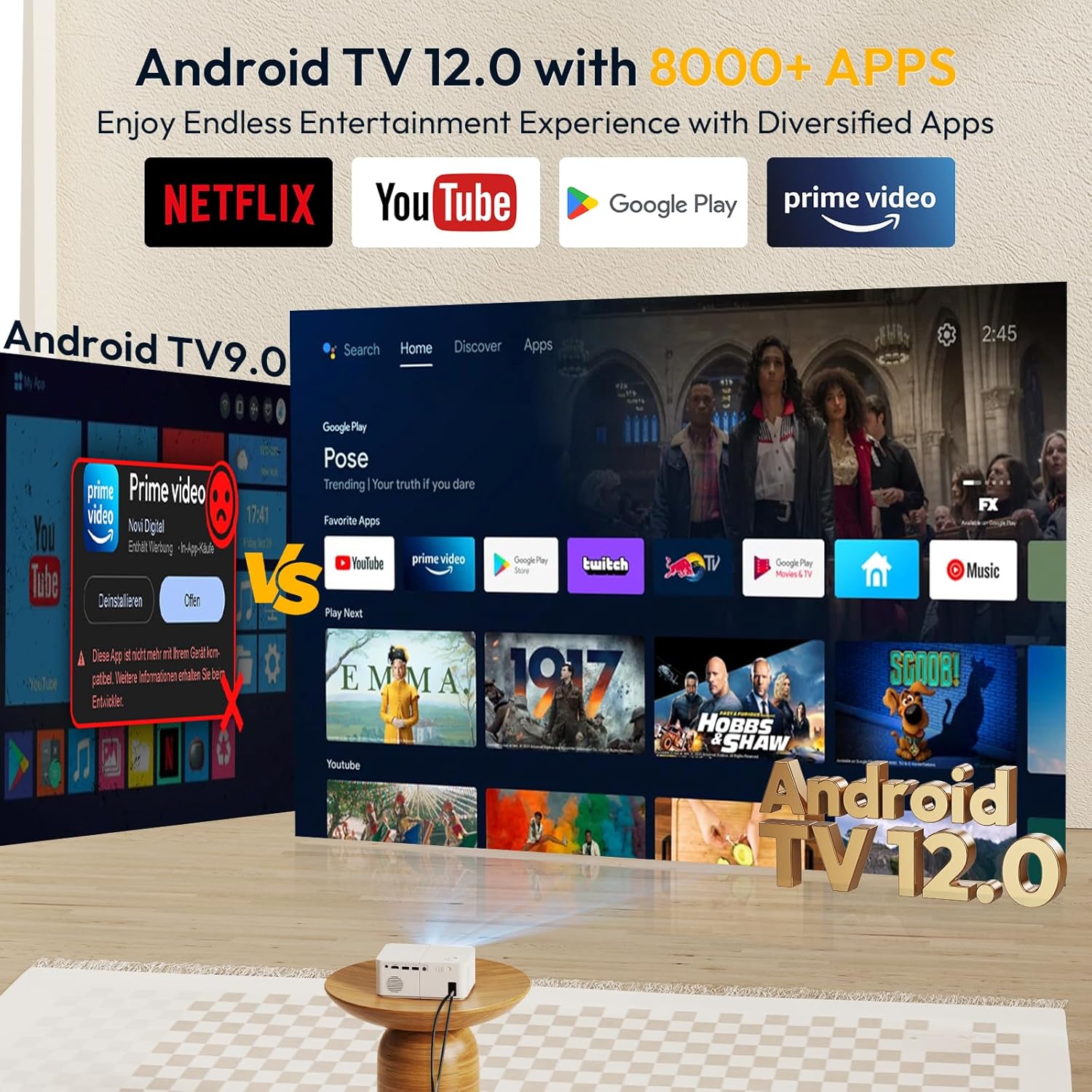 Mini Smart Projector Android 12 Portable HD Projector 14000 Lumen 1080P Supported with WiFi and Bluetooth Electric Focus Keystone Built-in Netflix YouTube APPs Tripod Included