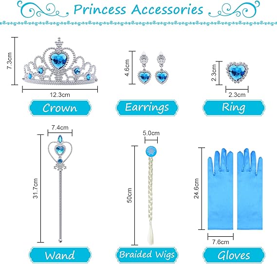 (2~3 Years) Elsa Anna Dress Up Princess Costumes for Girls Fancy Princess Dress Princess Costume with Fairy Wand and Crown Tiara Deluxe Girls Fancy Dress for Party Cosplay Bridesmaid Pageant