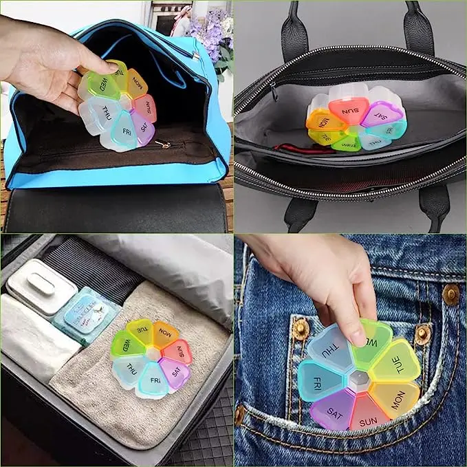 (Colorful) Portable Medicine Pill Box 7 Days Round Mini Small Travel Vitamin Cases Container Organizer Storage Tablet Fish Oils Tools
