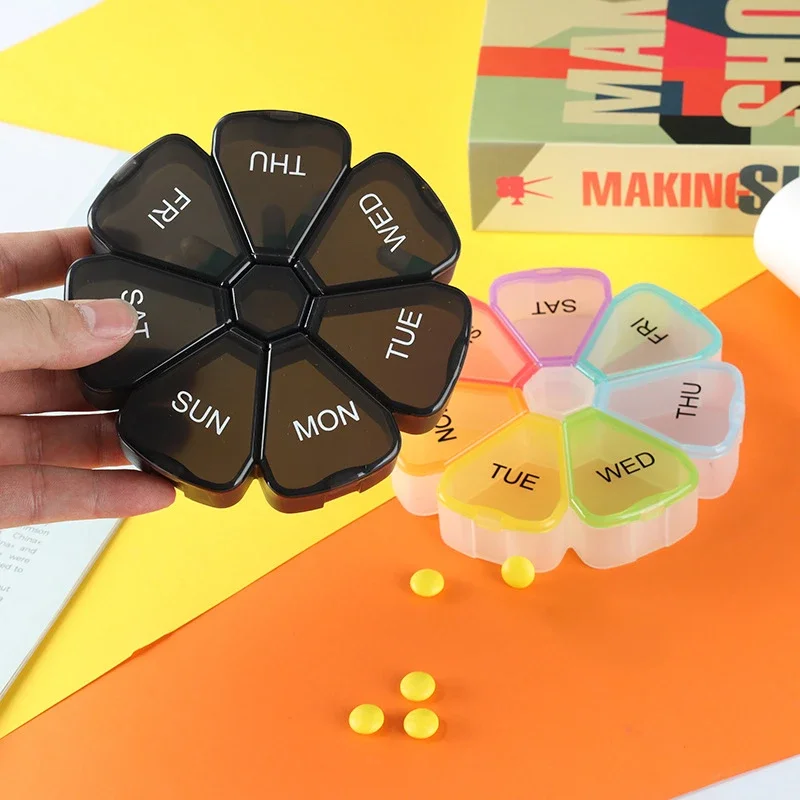 (Colorful) Portable Medicine Pill Box 7 Days Round Mini Small Travel Vitamin Cases Container Organizer Storage Tablet Fish Oils Tools