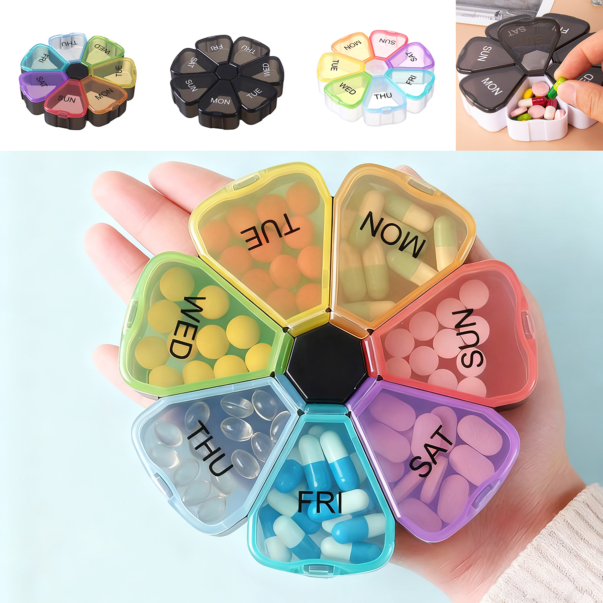 (Colorful) Portable Medicine Pill Box 7 Days Round Mini Small Travel Vitamin Cases Container Organizer Storage Tablet Fish Oils Tools