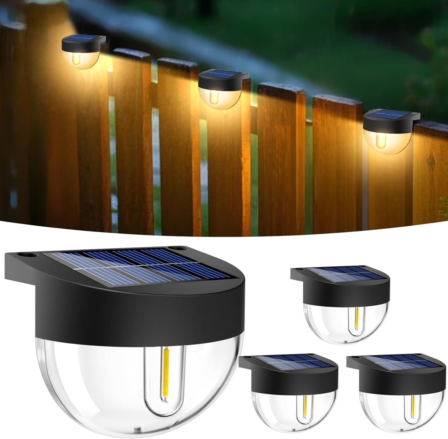 (8 pcs) Solar Fence Lights Outdoor Garden 8 Pack Retro Deck Lights with Edison LED Blub Waterproof Step Solar Powered Outdoor for Stairs Yard Decking Patio Warm White