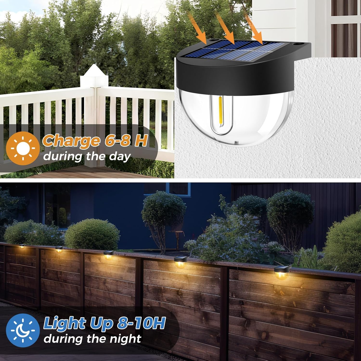 (8 pcs) Solar Fence Lights Outdoor Garden 8 Pack Retro Deck Lights with Edison LED Blub Waterproof Step Solar Powered Outdoor for Stairs Yard Decking Patio Warm White