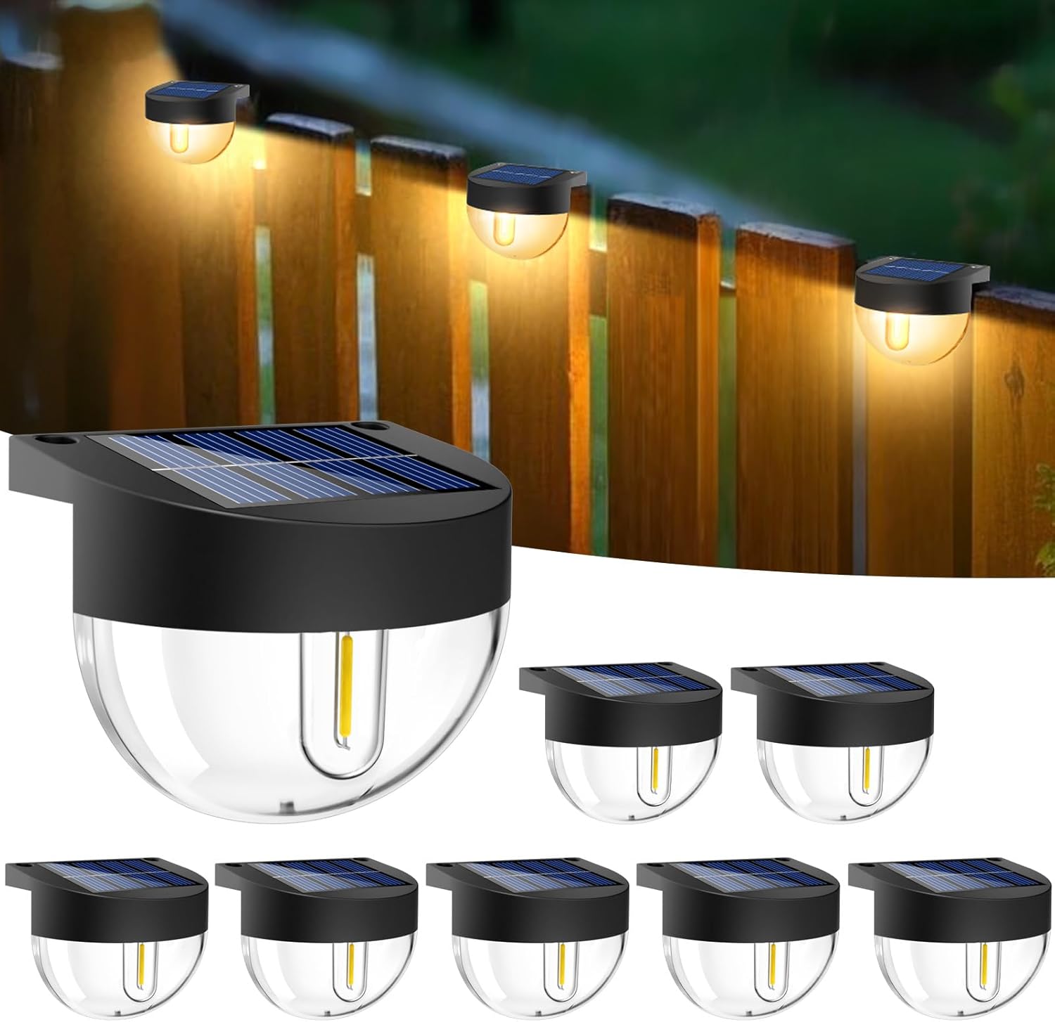 (8 pcs) Solar Fence Lights Outdoor Garden 8 Pack Retro Deck Lights with Edison LED Blub Waterproof Step Solar Powered Outdoor for Stairs Yard Decking Patio Warm White