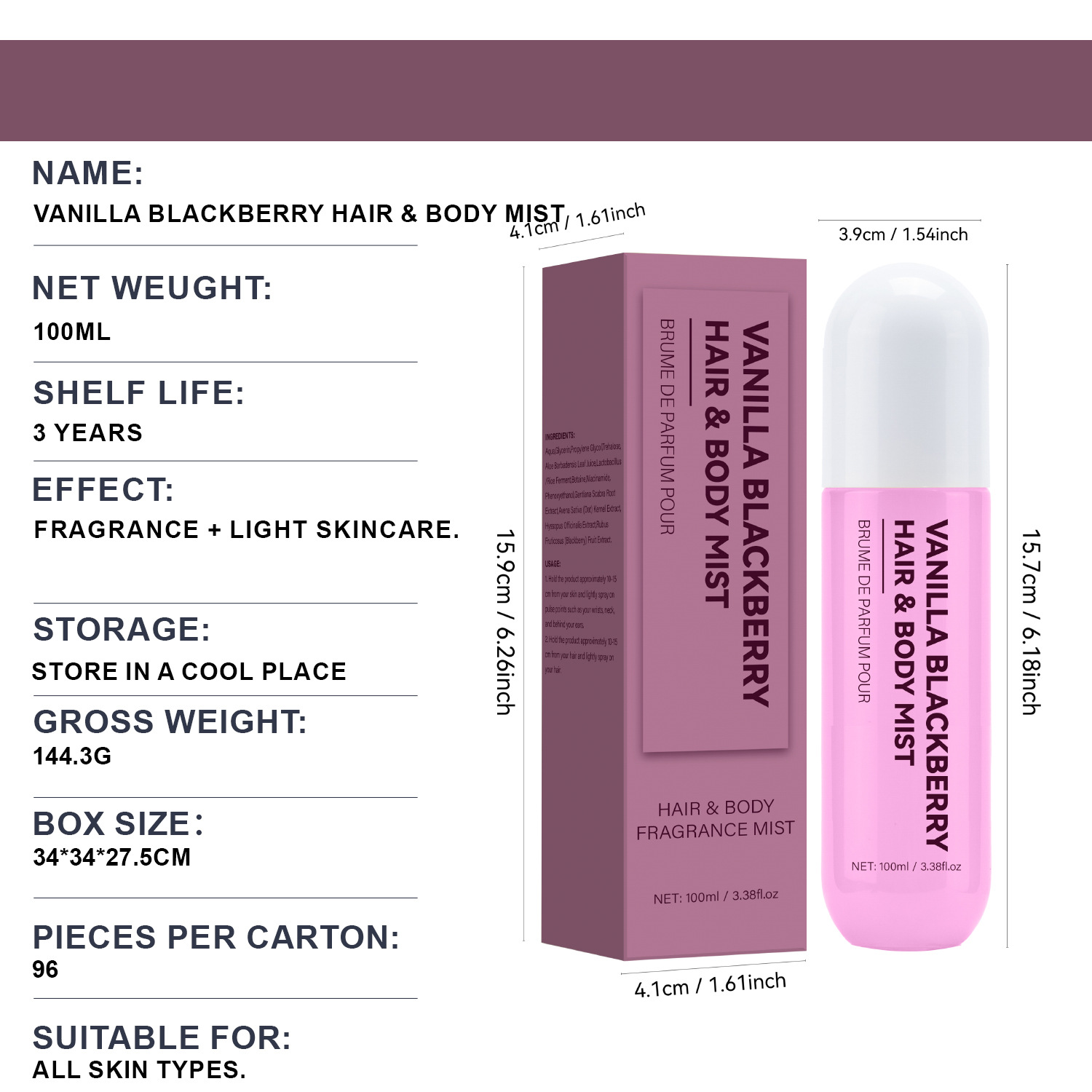 Vanilla Blackberry Hair And Body Mist Dual Use Lightweight Fragrance For Daily Wear Summer Fresh Scent