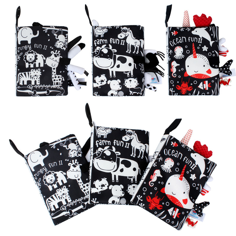 (forest) Baby Cartoon 3D Tail Black and White Red Animal Washable Cloth Book Infant Early Learning Cognition Toys With Sound Paper Gifts