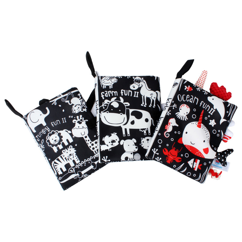 (forest) Baby Cartoon 3D Tail Black and White Red Animal Washable Cloth Book Infant Early Learning Cognition Toys With Sound Paper Gifts