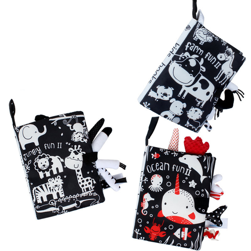 (forest) Baby Cartoon 3D Tail Black and White Red Animal Washable Cloth Book Infant Early Learning Cognition Toys With Sound Paper Gifts