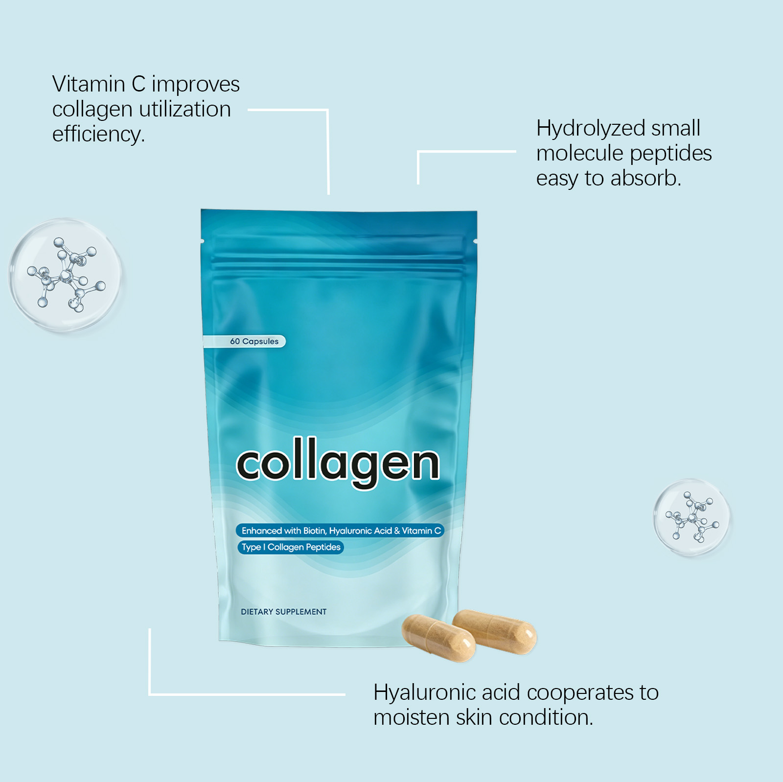 Skin Care Collagen Capsules Hydrate Strengthen Antioxidant Absorbable Small Molecule For Hair Nail