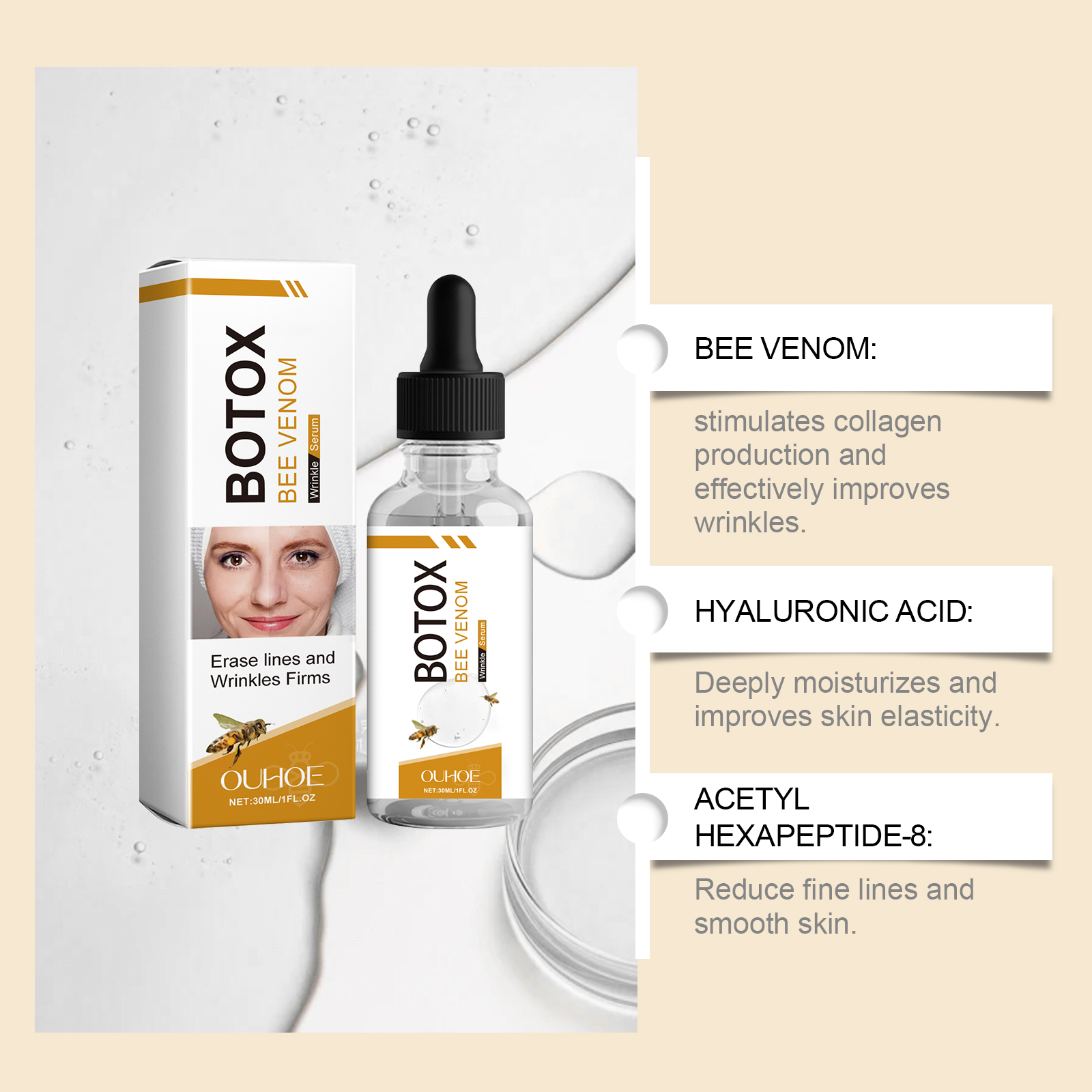 Bee Venom Hydrating Facial Essence Liquid Soft Smooth Skin Moisturizing Rejuvenate Youth Vitality Nourish Serum