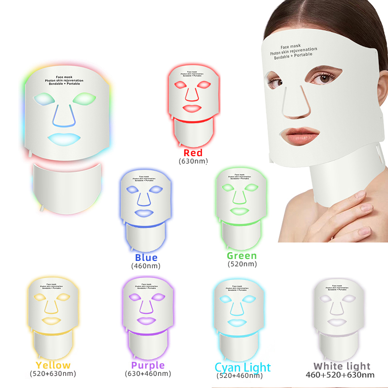 (White Set) 7 Colors LED Photon Face Mask Neck Silicone Facial Mask Wireless Portable Red Light Therapy   for Anti Acne Brighten Anti-Aging Skin Rejuvenation Home Use