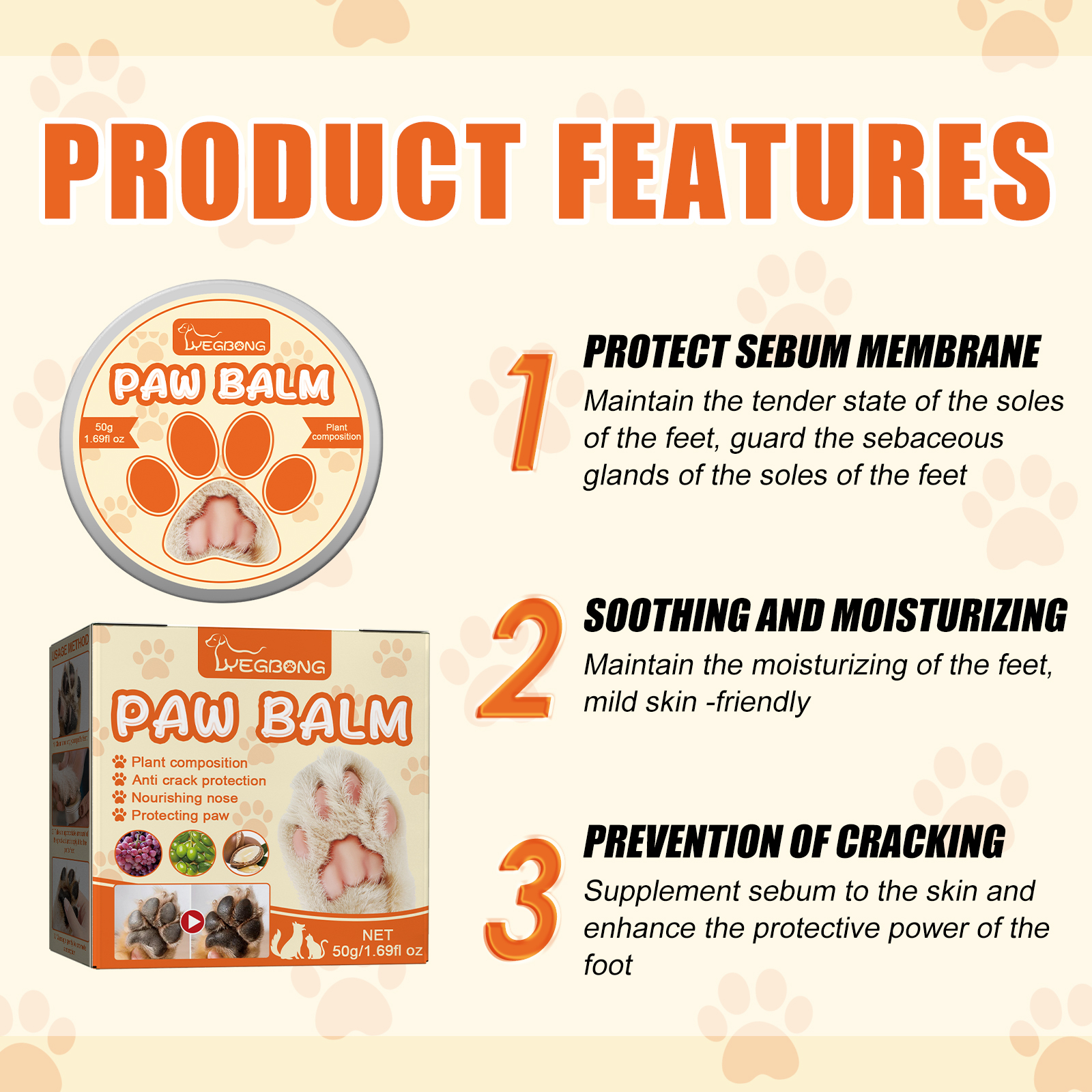Pet Paw Balm Moisturizing For Dogs Cats Cracked Paw Pads Softening And Protection Daily Care 50g