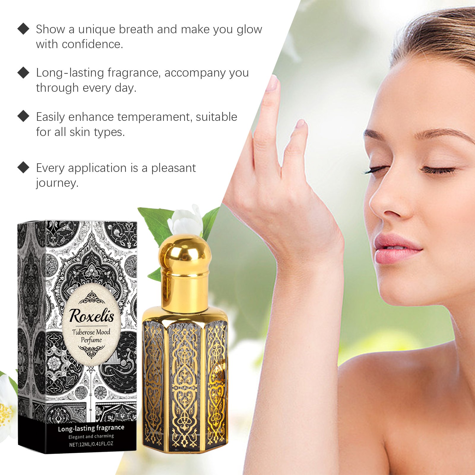 Arabian Style Roll On Perfume Jasmine Tuberose Floral Long Lasting Portable Daily Fragrance 12ml
